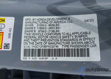 2023 Honda Accord Hybrid Touring from USA, damaged, VIN 1HGCY2F86PA032746